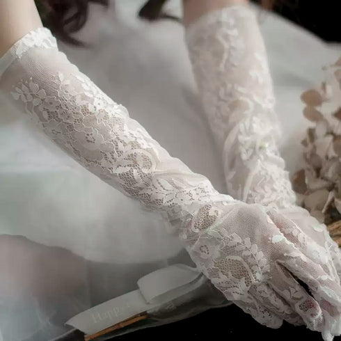 White Bridal Lace Gloves – Long Floral Lace Wedding Gloves